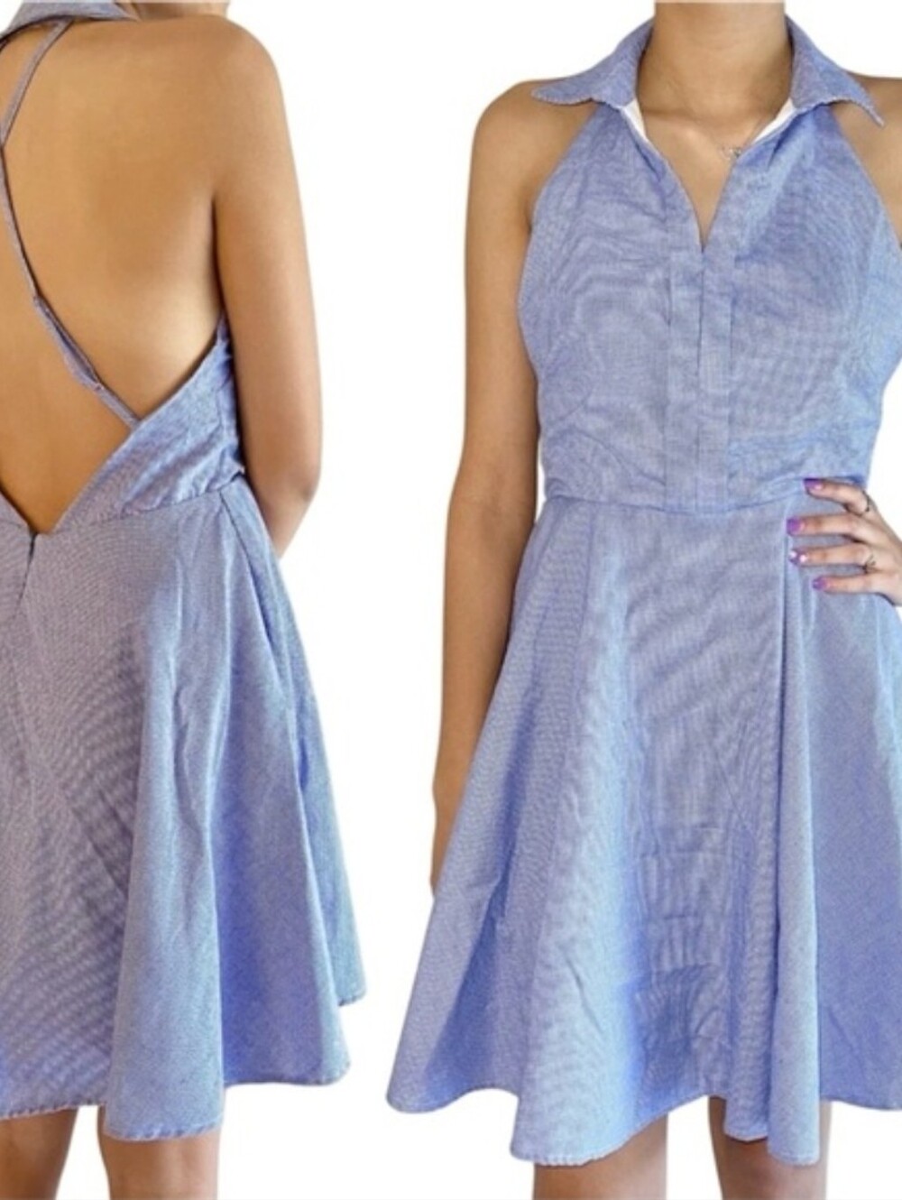Blue & White Halter Skater Dress with Open Back Size Medium